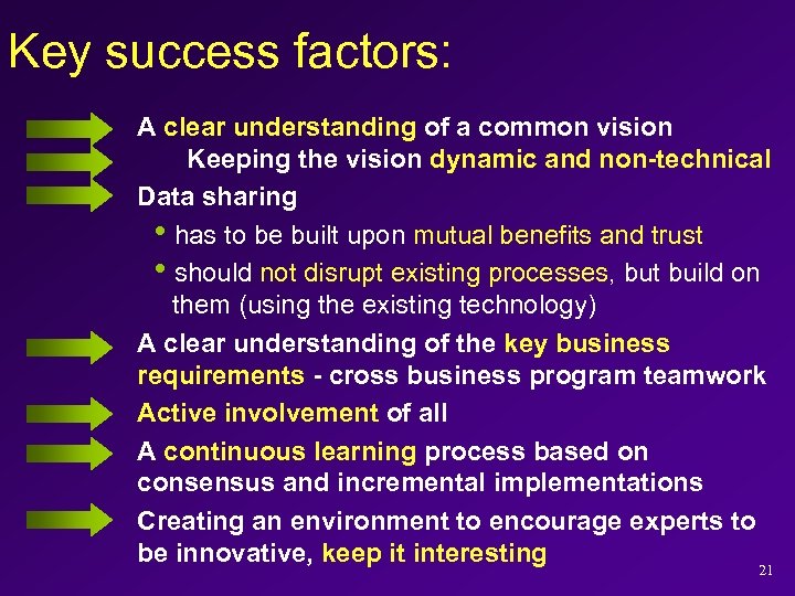 Key success factors: A clear understanding of a common vision Keeping the vision dynamic