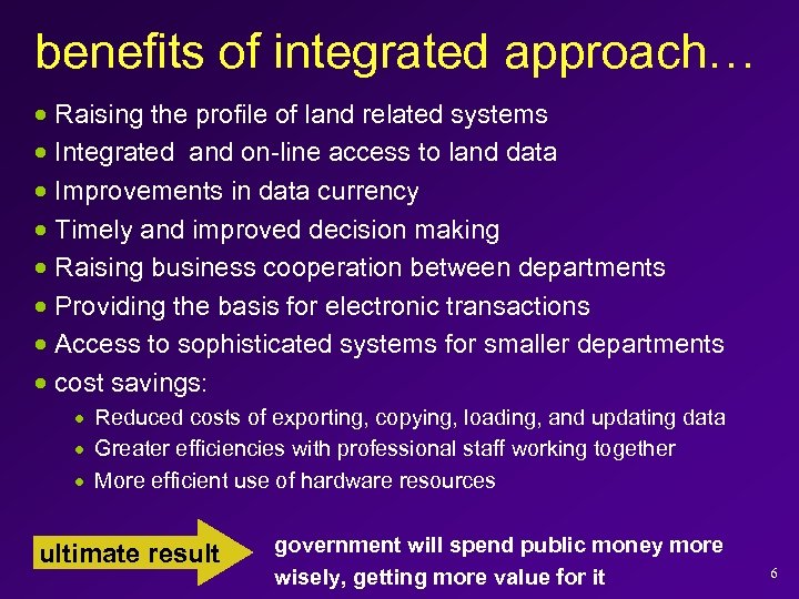 benefits of integrated approach… · Raising the profile of land related systems · Integrated