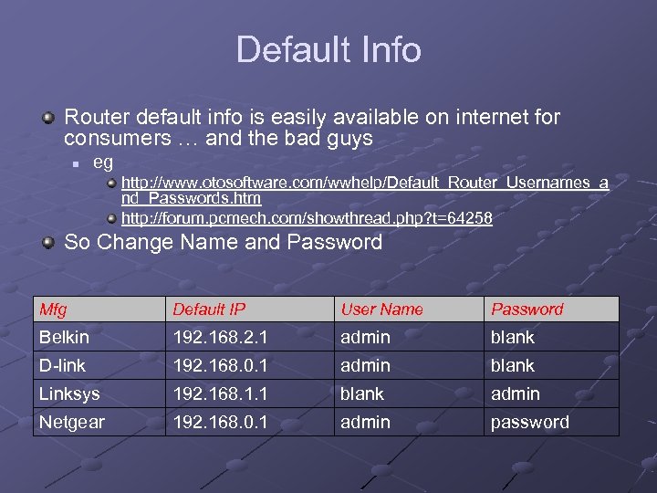 Default Info Router default info is easily available on internet for consumers … and