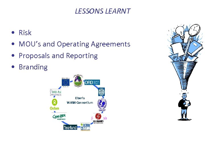 LESSONS LEARNT • • Risk MOU’s and Operating Agreements Proposals and Reporting Branding Liberia