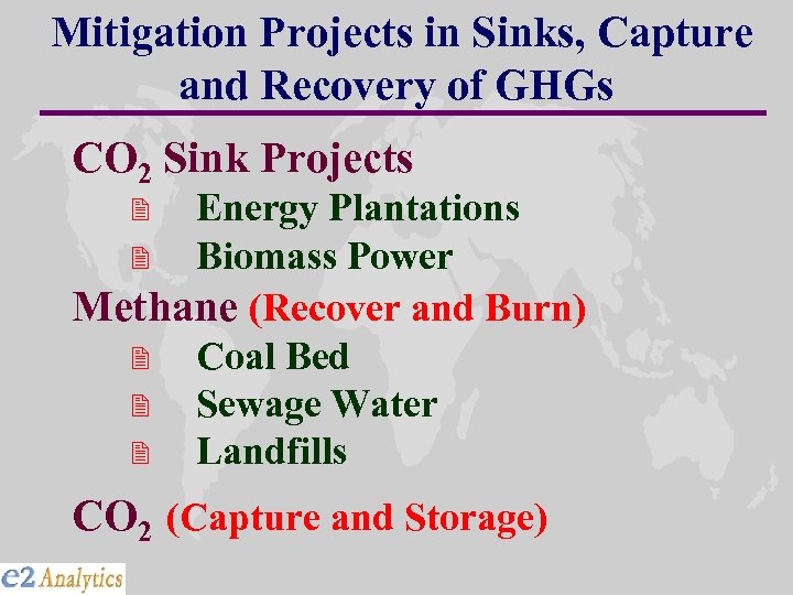Mitigation Projects in Sinks, Capture and Recovery of GHGs CO 2 Sink Projects Energy