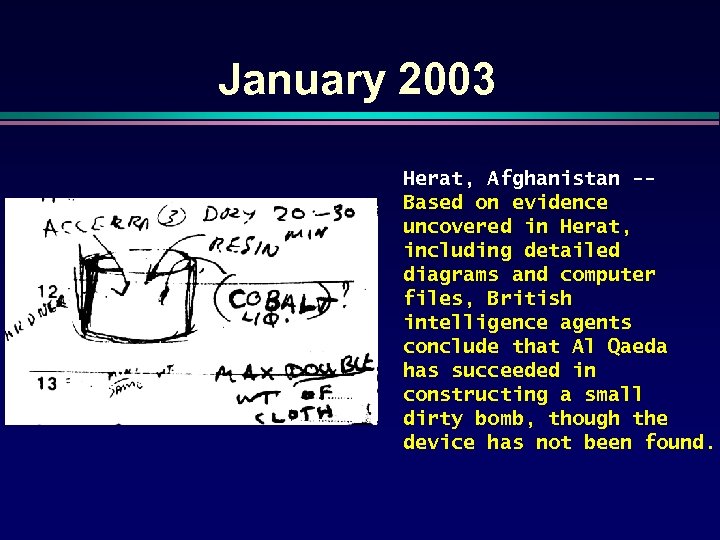January 2003 A collage of dirty bomb plans journalists recently discovered in Afghanistan Herat,