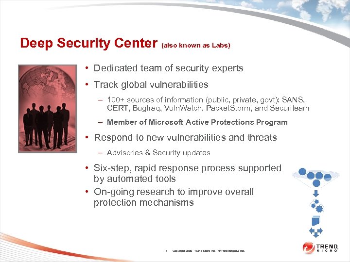 Deep Security Center (also known as Labs) • Dedicated team of security experts •