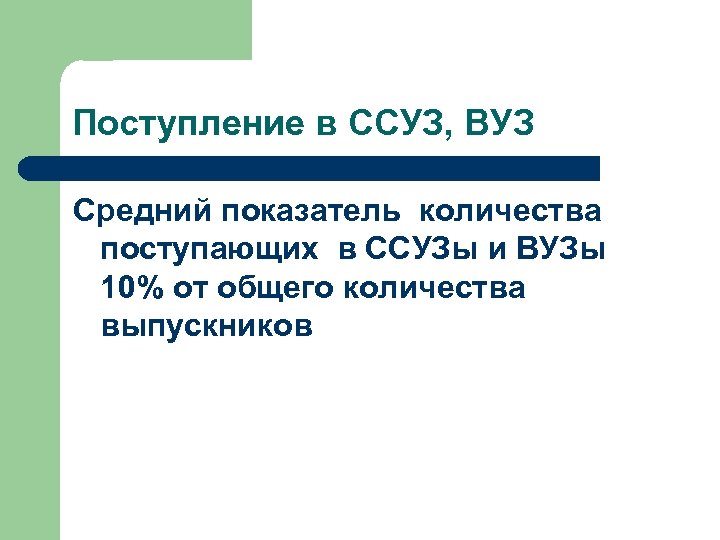 Поступление в ССУЗ, ВУЗ Средний показатель количества поступающих в ССУЗы и ВУЗы 10% от