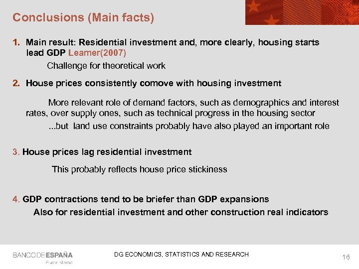 Conclusions (Main facts) 1. Main result: Residential investment and, more clearly, housing starts lead
