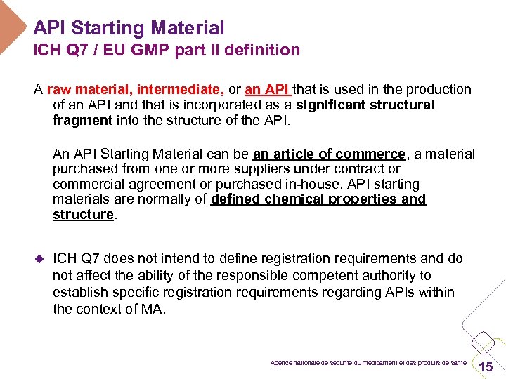 API Starting Material ICH Q 7 / EU GMP part II definition A raw