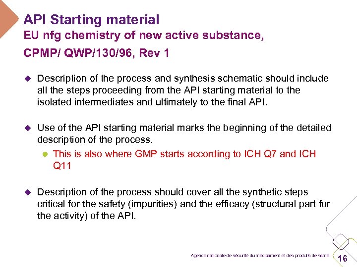 API Starting material EU nfg chemistry of new active substance, CPMP/ QWP/130/96, Rev 1