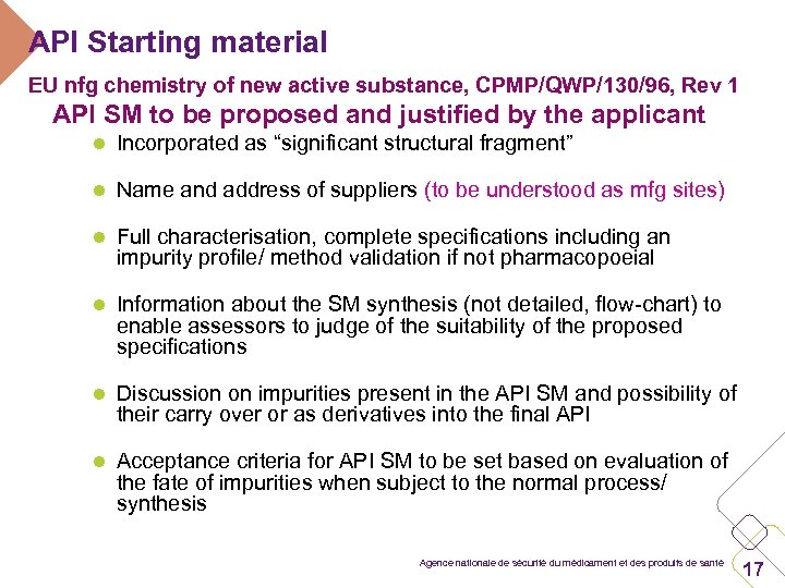 API Starting material EU nfg chemistry of new active substance, CPMP/QWP/130/96, Rev 1 API