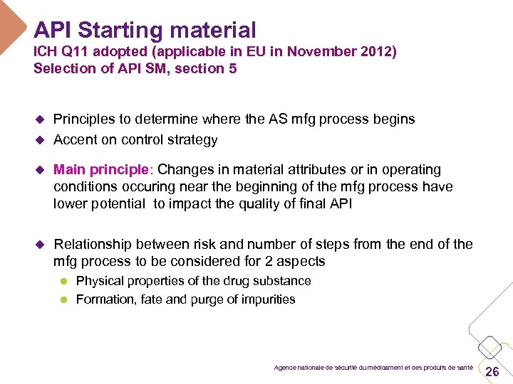 API Starting material ICH Q 11 adopted (applicable in EU in November 2012) Selection