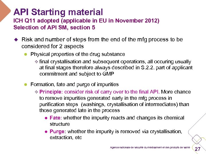 API Starting material ICH Q 11 adopted (applicable in EU in November 2012) Selection