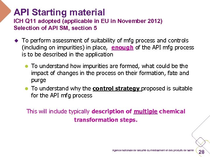 API Starting material ICH Q 11 adopted (applicable in EU in November 2012) Selection