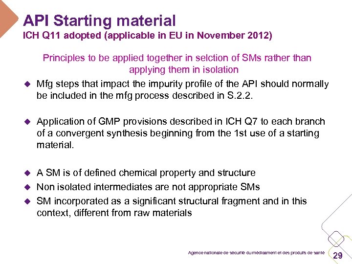 API Starting material ICH Q 11 adopted (applicable in EU in November 2012) Principles