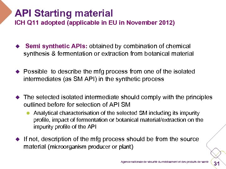 API Starting material ICH Q 11 adopted (applicable in EU in November 2012) u