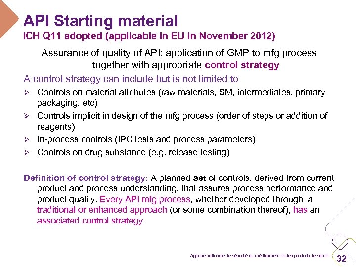 API Starting material ICH Q 11 adopted (applicable in EU in November 2012) Assurance