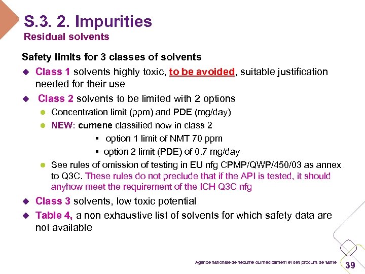 S. 3. 2. Impurities Residual solvents Safety limits for 3 classes of solvents u