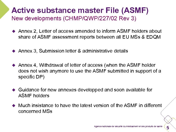 Active substance master File (ASMF) New developments (CHMP/QWP/227/02 Rev 3) u Annex 2, Letter