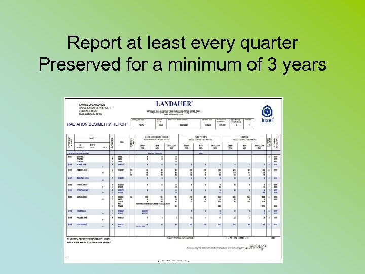Report at least every quarter Preserved for a minimum of 3 years 