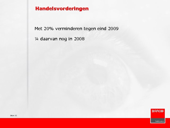 Handelsvorderingen Met 20% verminderen tegen eind 2009 ¼ daarvan nog in 2008 Slide 32