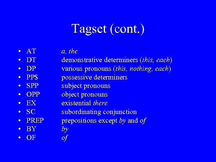 Tagset (cont. ) • • • AT DT DP PP$ SPP OPP EX SC