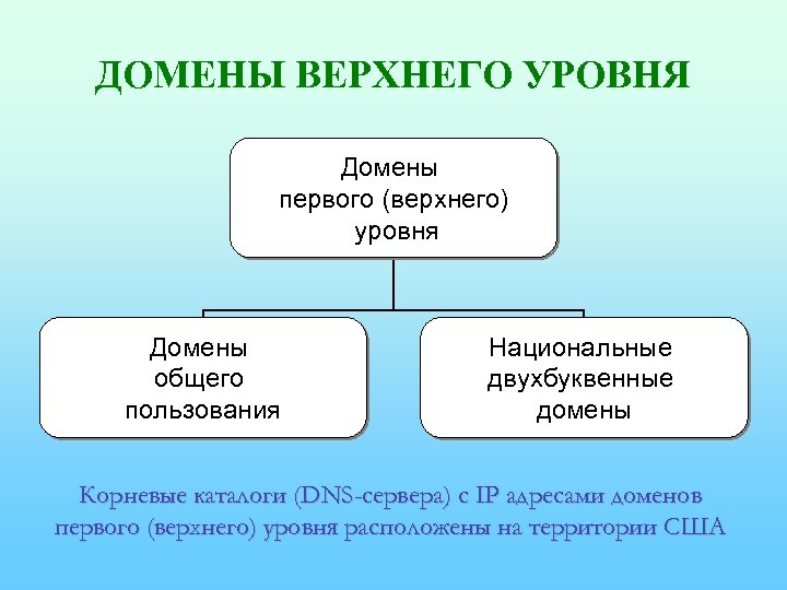 ДОМЕНЫ ВЕРХНЕГО УРОВНЯ Домены первого (верхнего) уровня Домены общего пользования Национальные двухбуквенные домены Корневые