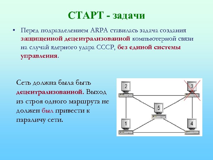 СТАРТ - задачи • Перед подразделением ARPA ставилась задача создания защищенной децентрализованной компьютерной связи