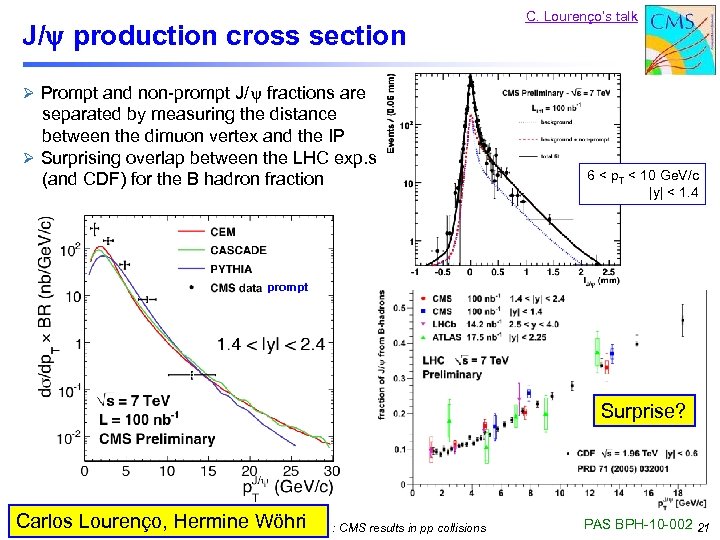 J/ production cross section C. Lourenço’s talk Ø Prompt and non-prompt J/y fractions are