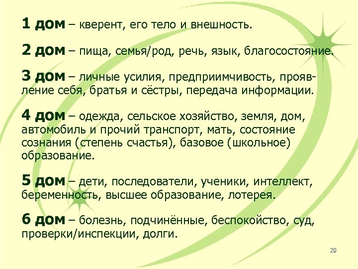 1 дом – кверент, его тело и внешность. 2 дом – пища, семья/род, речь,