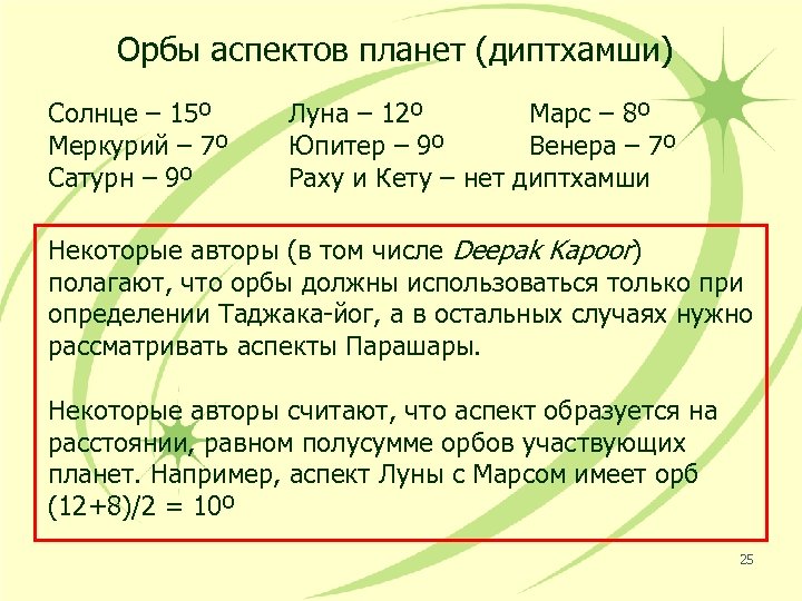 Орбы аспектов планет (диптхамши) Солнце – 15º Меркурий – 7º Сатурн – 9º Луна