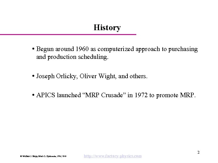 History • Begun around 1960 as computerized approach to purchasing and production scheduling. •