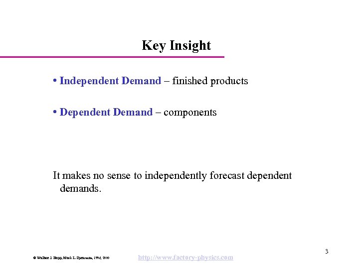 Key Insight • Independent Demand – finished products • Dependent Demand – components It