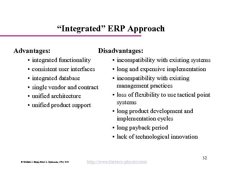 “Integrated” ERP Approach Advantages: Disadvantages: • integrated functionality • consistent user interfaces • integrated