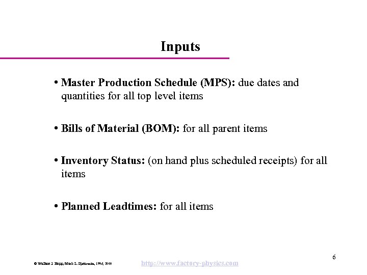 Inputs • Master Production Schedule (MPS): due dates and quantities for all top level