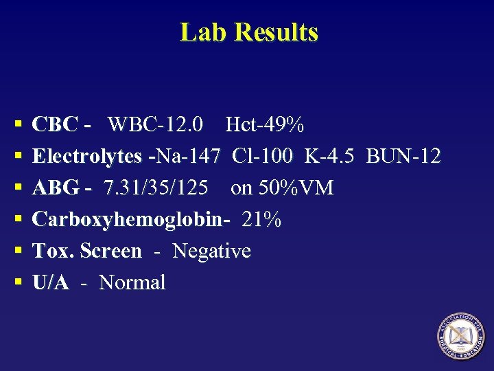 Lab Results § § § CBC - WBC-12. 0 Hct-49% Electrolytes -Na-147 Cl-100 K-4.