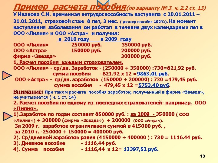 Пример расчета пособия(по варианту № 3 ч. 2. 2 ст. 13) У Иванова С.