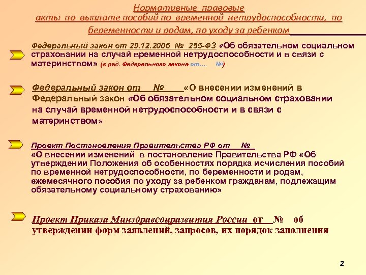 Нормативные правовые акты по выплате пособий по временной нетрудоспособности, по беременности и родам, по