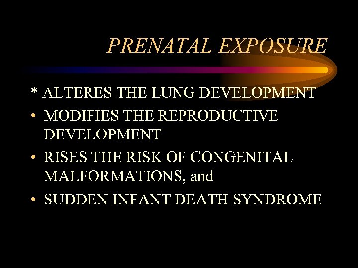 PRENATAL EXPOSURE * ALTERES THE LUNG DEVELOPMENT • MODIFIES THE REPRODUCTIVE DEVELOPMENT • RISES