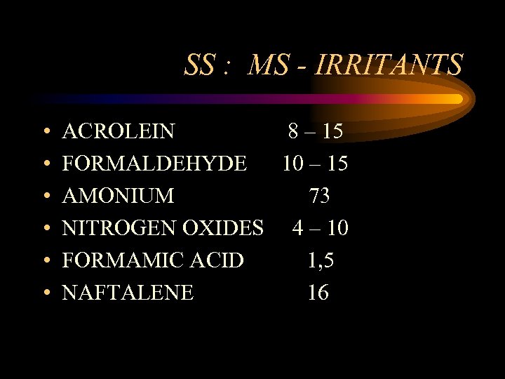 SS : MS - IRRITANTS • • • ACROLEIN 8 – 15 FORMALDEHYDE 10
