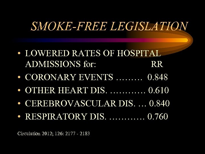 SMOKE-FREE LEGISLATION • LOWERED RATES OF HOSPITAL ADMISSIONS for: RR • CORONARY EVENTS ………