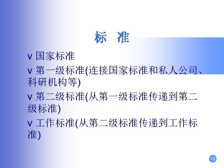 标 准 • v 国家标准 • v 第一级标准(连接国家标准和私人公司、 科研机构等) • v 第二级标准(从第一级标准传递到第二 级标准) •