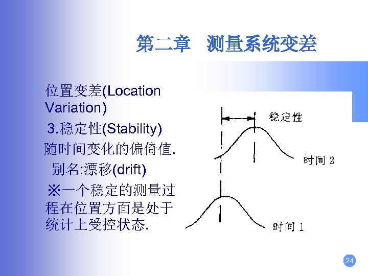 第二章 测量系统变差 • 位置变差(Location Variation) 3. 稳定性(Stability) 随时间变化的偏倚值. 别名: 漂移(drift) ※一个稳定的测量过 程在位置方面是处于 统计上受控状态. 24