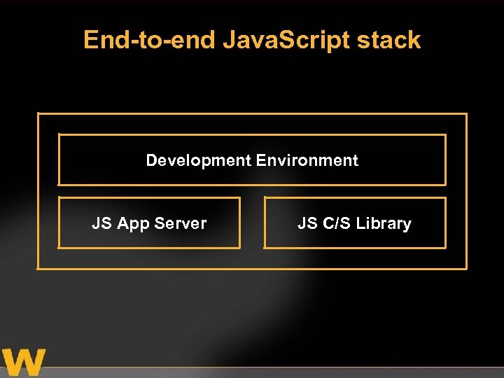 End-to-end Java. Script stack Development Environment JS App Server JS C/S Library 