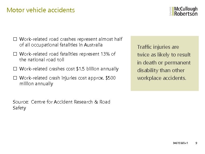 Motor vehicle accidents □ Work-related road crashes represent almost half of all occupational fatalities