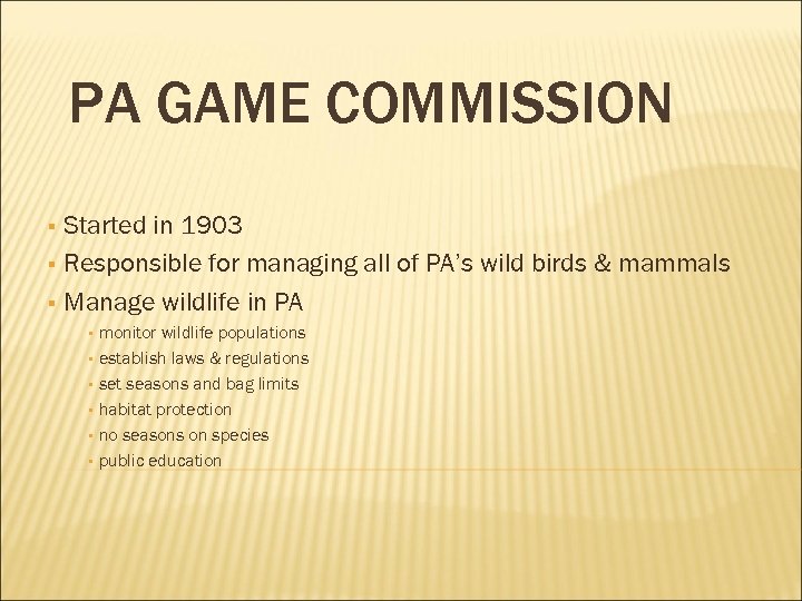 PA GAME COMMISSION Started in 1903 § Responsible for managing all of PA’s wild