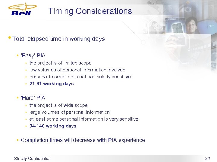 Timing Considerations • Total elapsed time in working days • ‘Easy’ PIA • •