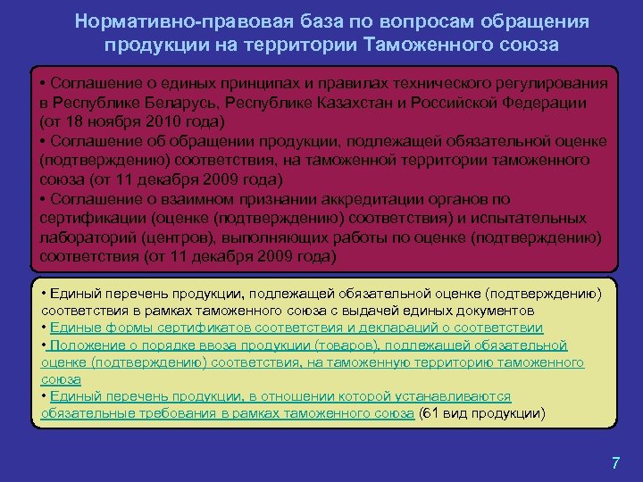 Нормативно-правовая база по вопросам обращения продукции на территории Таможенного союза • Соглашение о единых