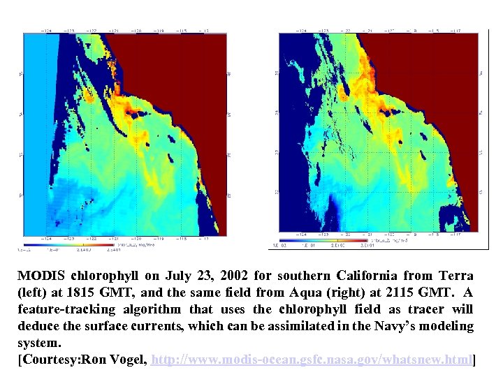 MODIS chlorophyll on July 23, 2002 for southern California from Terra (left) at 1815