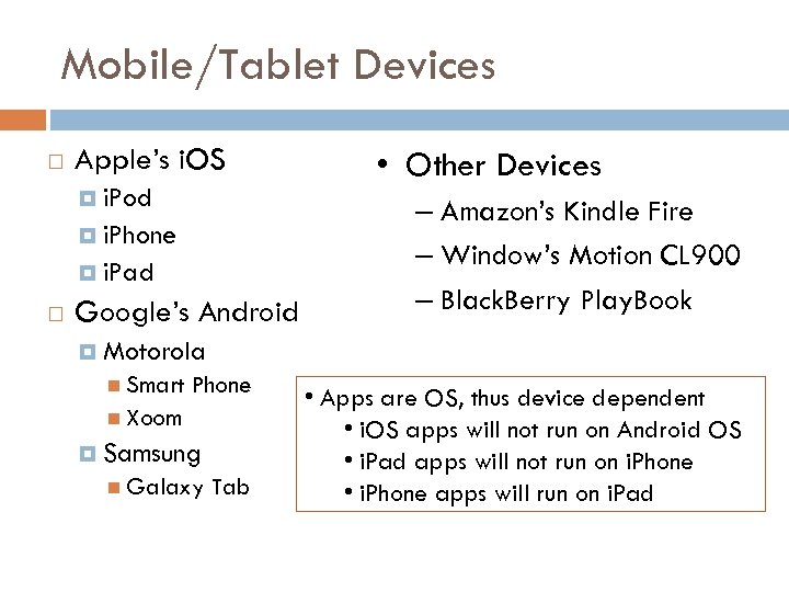 Mobile/Tablet Devices Apple’s i. OS i. Pod i. Phone i. Pad Google’s Android •