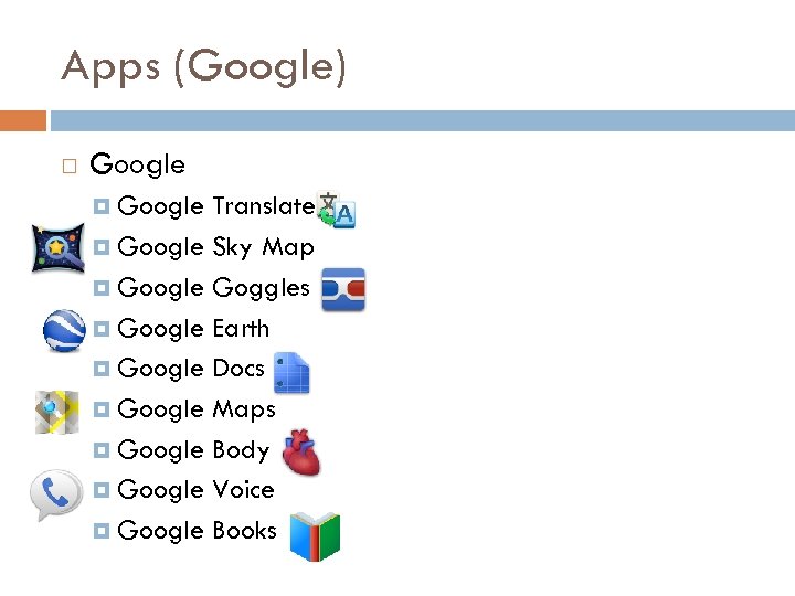 Apps (Google) Google Translate Google Sky Map Google Goggles Google Earth Google Docs Google