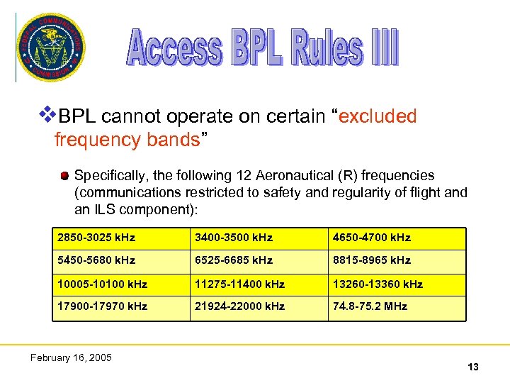 v. BPL cannot operate on certain “excluded frequency bands” Specifically, the following 12 Aeronautical