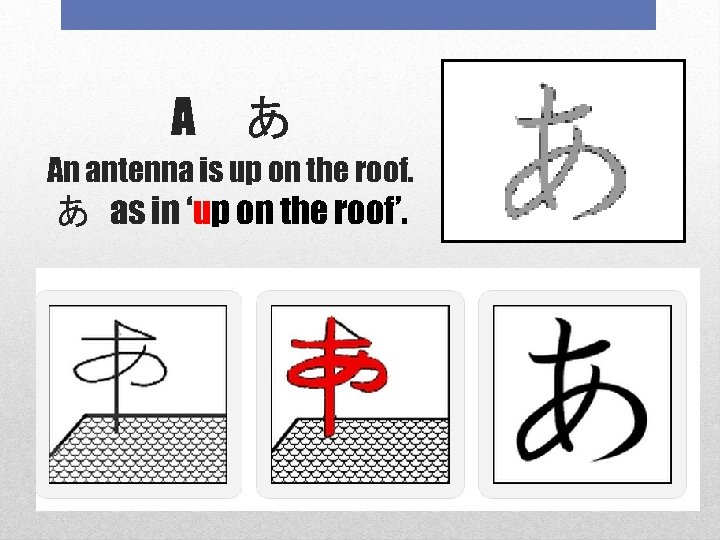A あ An antenna is up on the roof. あ as in ‘up on